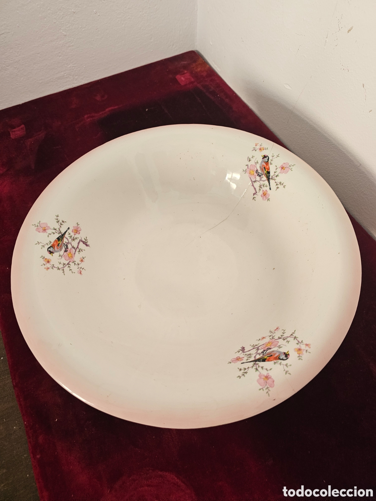 Vintage: ​Palangana / Jofaina antigua de loza esmaltada con motivo de jilgueros - 36 cm