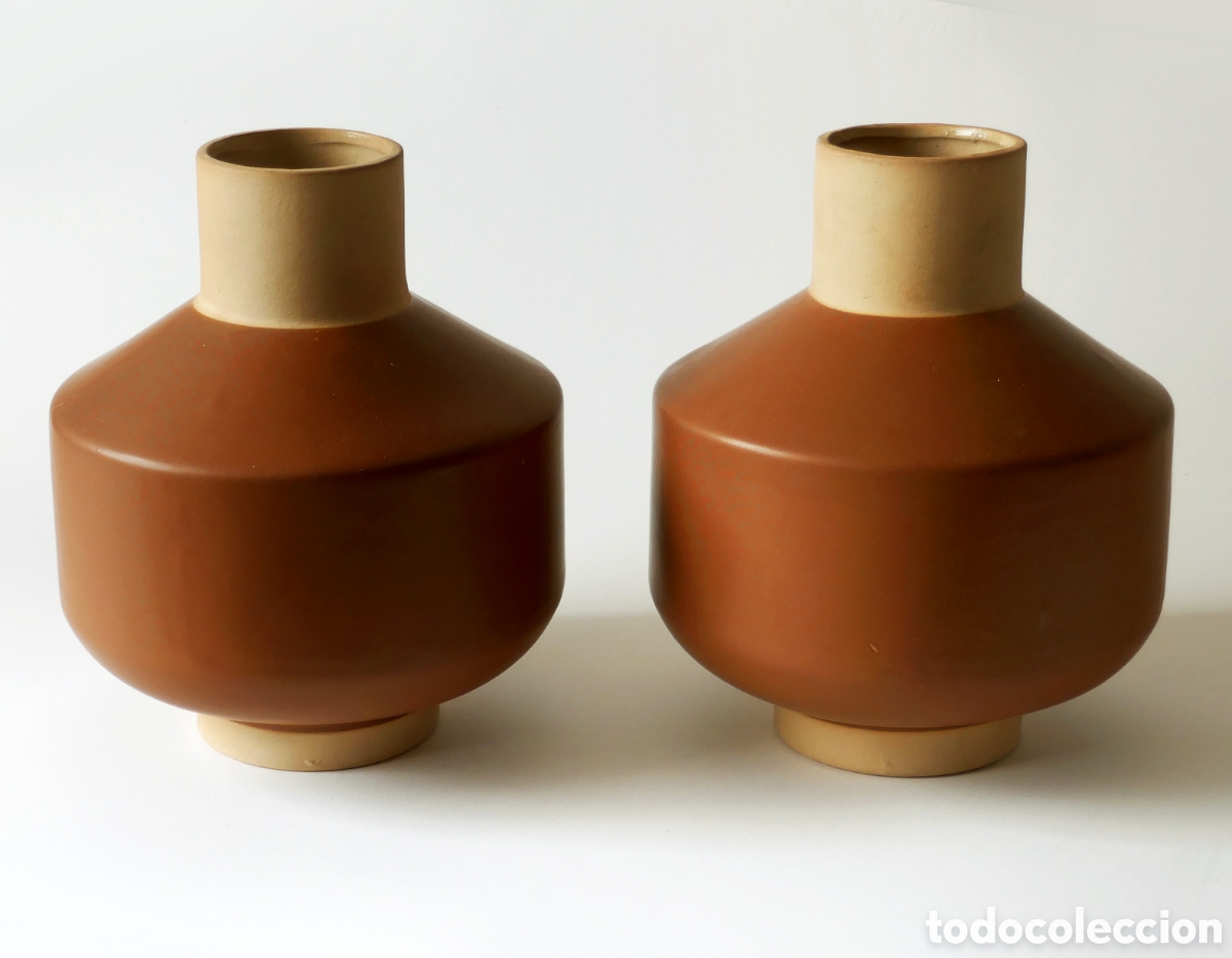 Vintage: MAGN&Iacute;FICA PAREJA 2X JARRONES DISE&Ntilde;O CIL&Iacute;NDRICO DE CER&Aacute;MICA MID-CENTURY VINTAGE