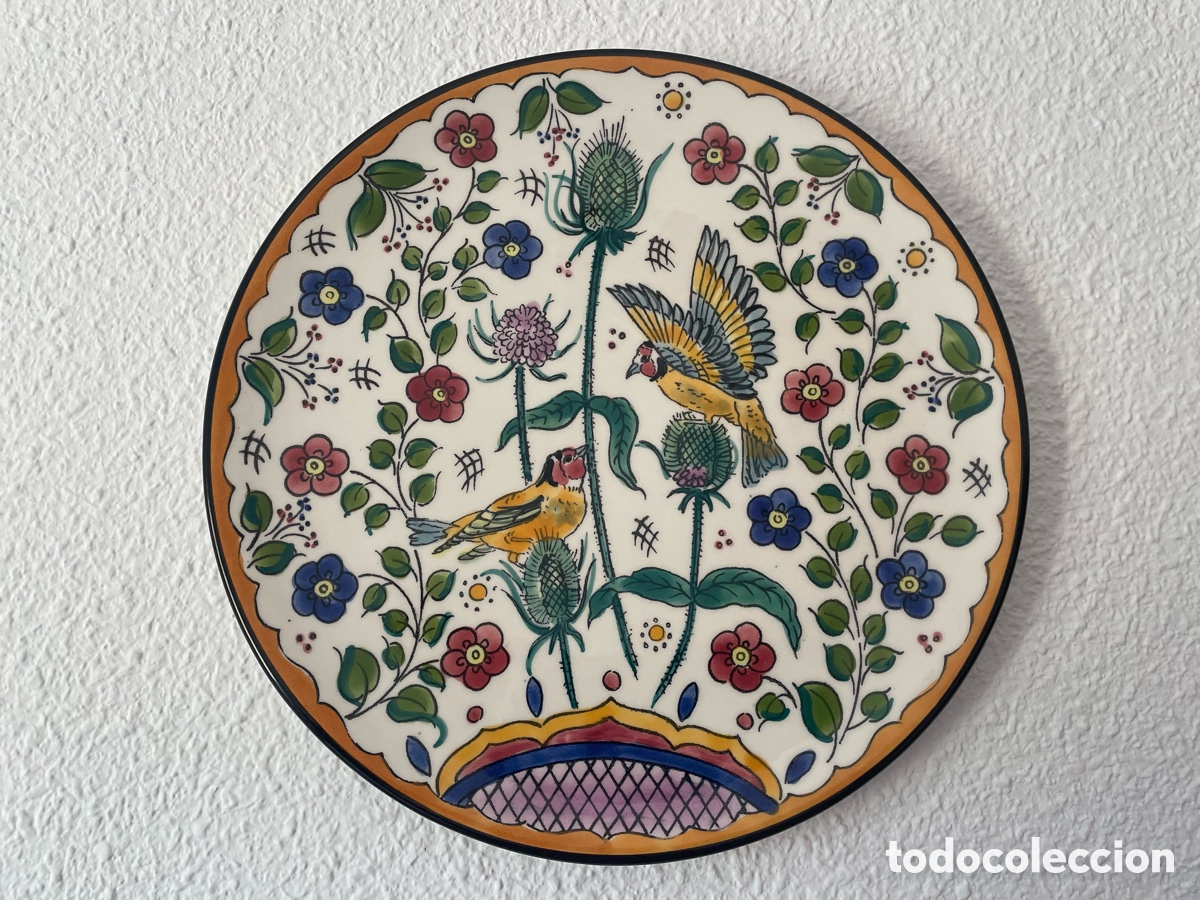 Vintage: Plato cer&aacute;mica Ceramar Spain pintado a mano jilgueros y cardos, 31 cm, a&ntilde;os 70