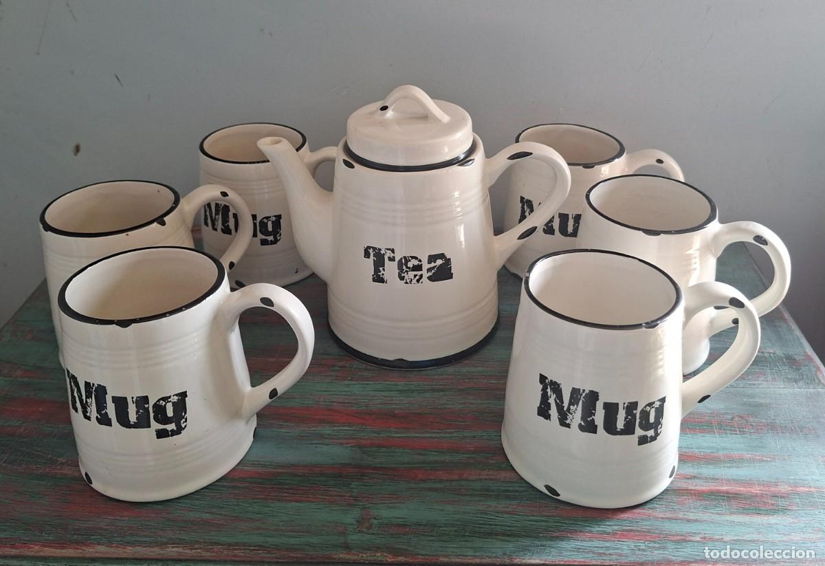 Vintage: Juego Tetera + 6 tazas mugs de cer&aacute;mica imitando esmaltado antiguo - r&uacute;stico farmhouse