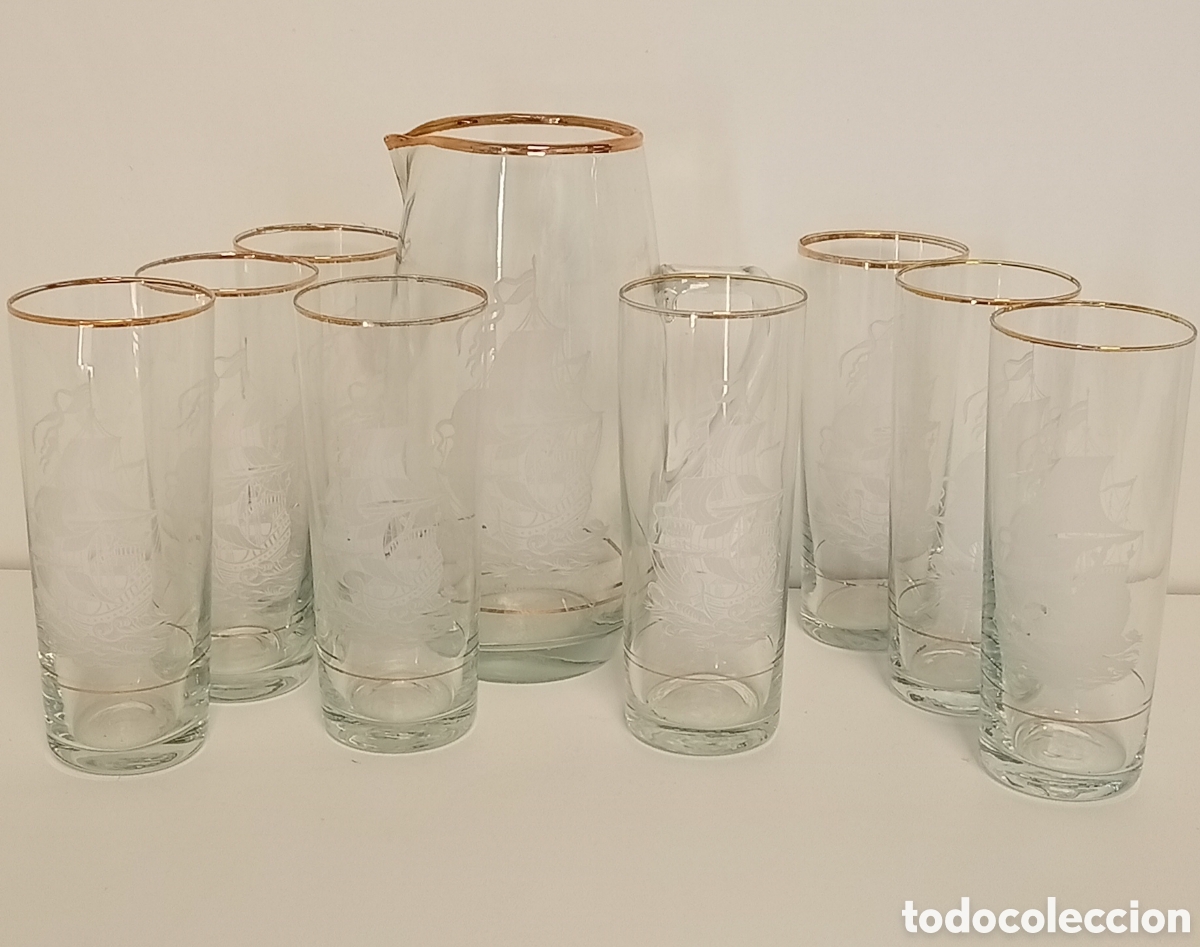 Vintage: JUEGO DE JARRA Y VASOS CON GRABADO BARCOS Y ORO