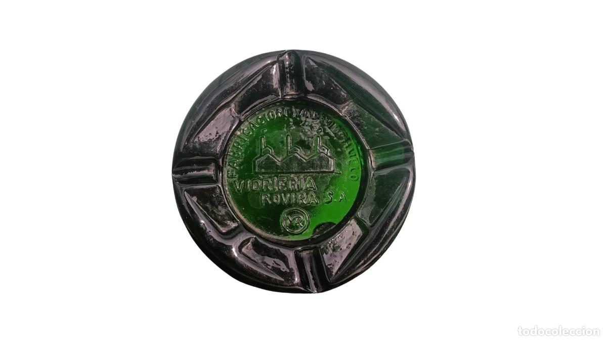 Vintage: Cenicero de Vidrio Verde A&ntilde;os 70 - Vidriera Rovira S.A. con Dibujo