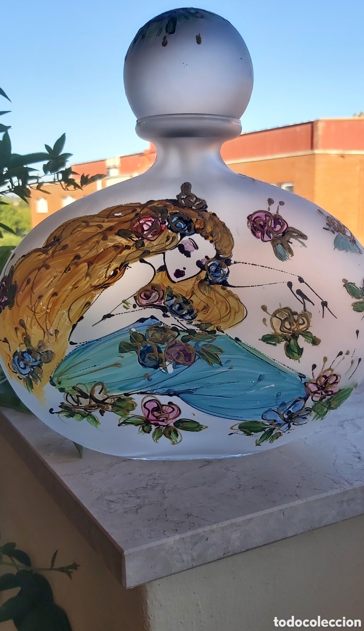 Vintage: Gran Frasco Decantador Vintage Italiano (27cm) - Cristal Esmerilado Pintado a Mano Estilo Empoli A