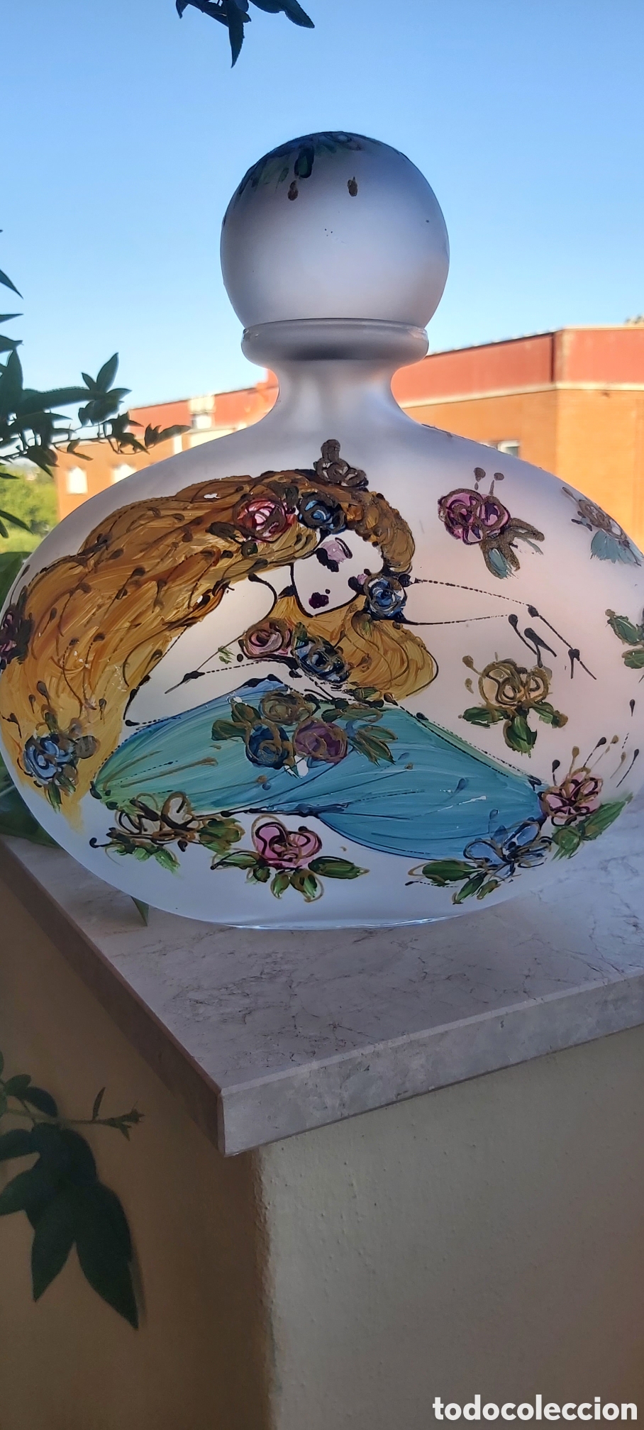 Vintage: Gran Frasco Decantador Vintage Italiano (27cm) - Cristal Esmerilado Pintado a Mano Estilo Empoli A
