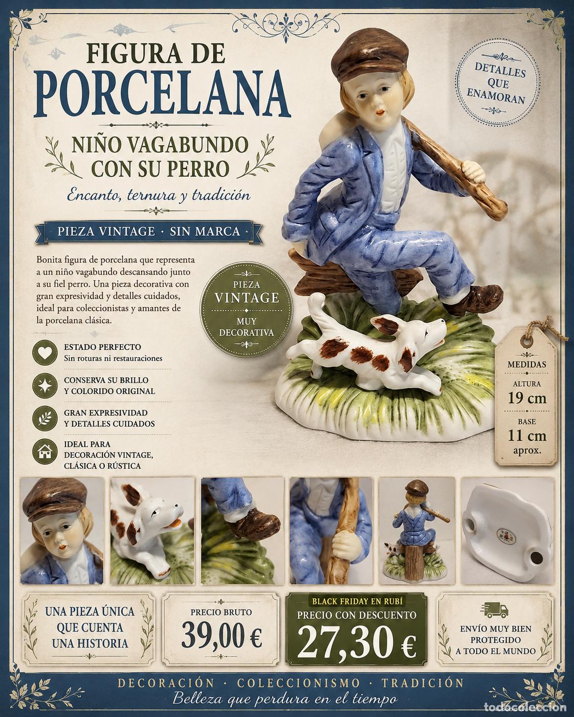 Vintage: FIGURA PORCELANA NI&Ntilde;O VAGABUNDO CON PERRO | 19 CM | VINTAGE | PERFECTA