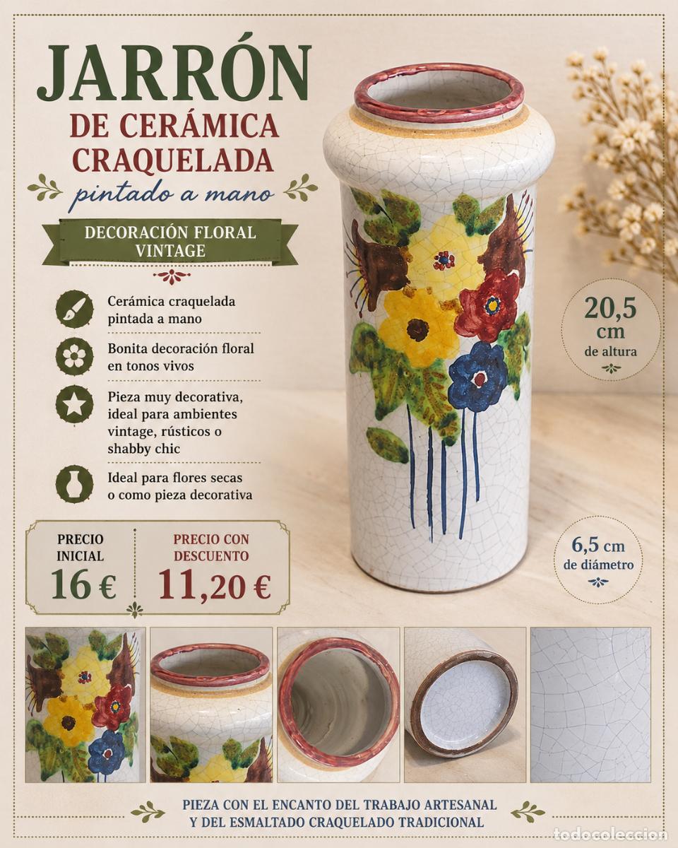 Vintage: JARR&Oacute;N DE CER&Aacute;MICA CRAQUELADA | PINTADO A MANO | DECORACI&Oacute;N FLORAL VINTAGE | 20,5 CM