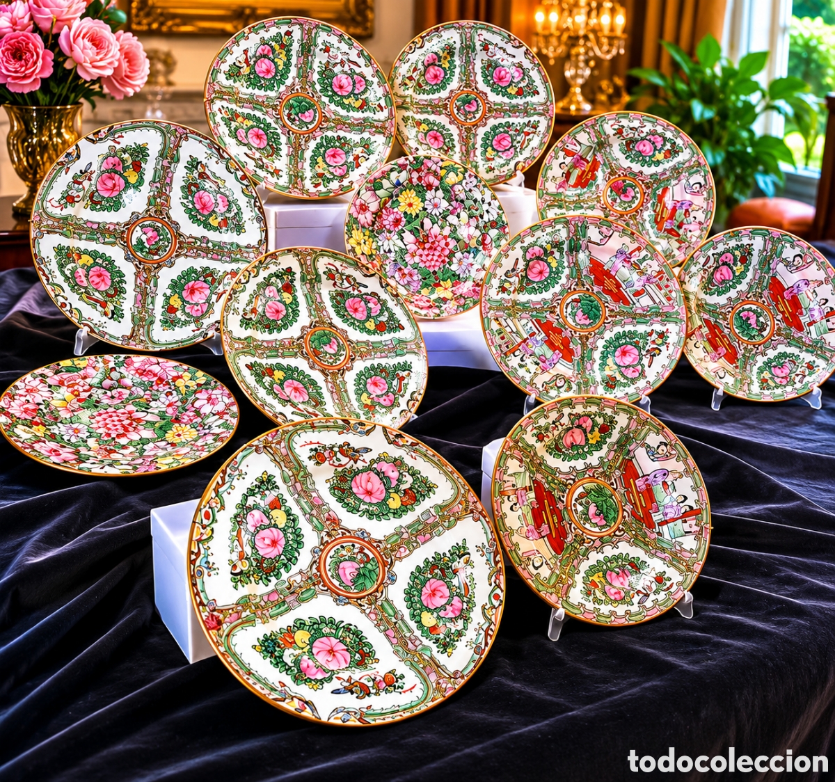 Vintage: T&iacute;tulo: Colecci&oacute;n de 11 platos decorativos de porcelana china Famille Rose / Rose Medallion &ndash; Siglo