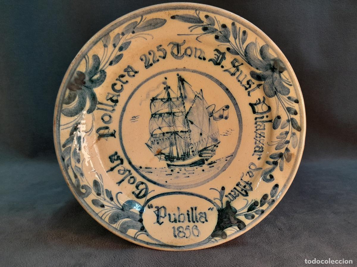 Vintage: PLATO DECORATIVO PUBILLA CON MOTIVO MAR&Iacute;TIMO.CER&Aacute;MICA ESMALTADA.SOTOMAYOR.1856