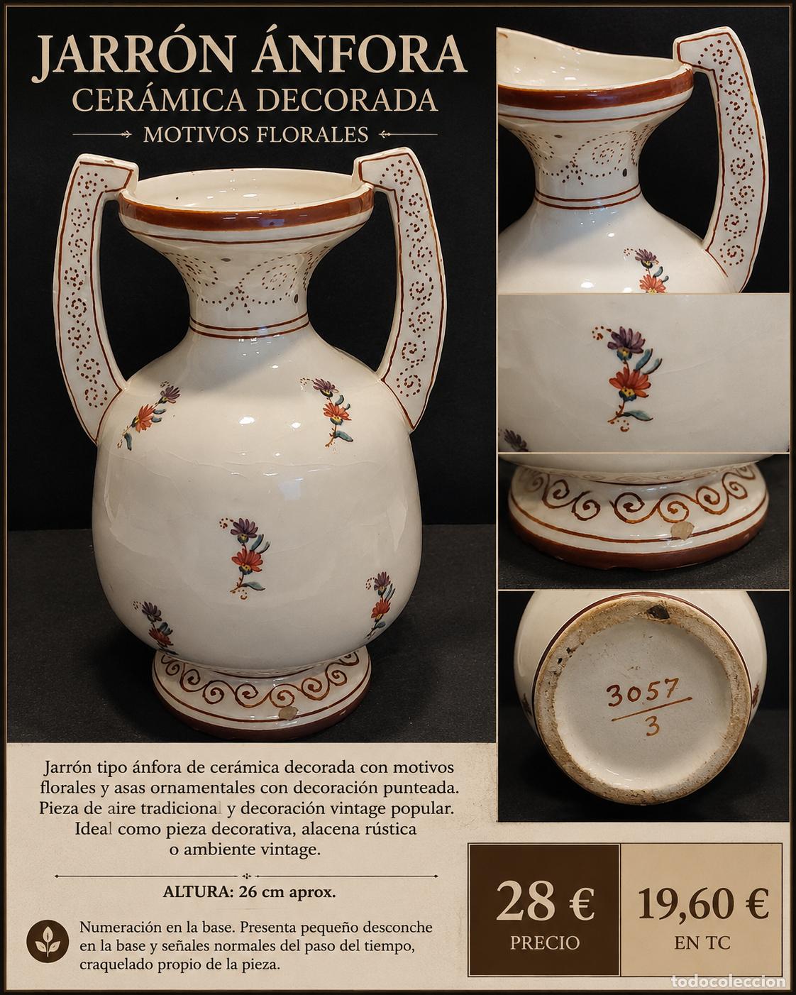 Vintage: JARR&Oacute;N &Aacute;NFORA CER&Aacute;MICA DECORADA | ASAS DECORATIVAS | MOTIVOS FLORALES | 26 CM