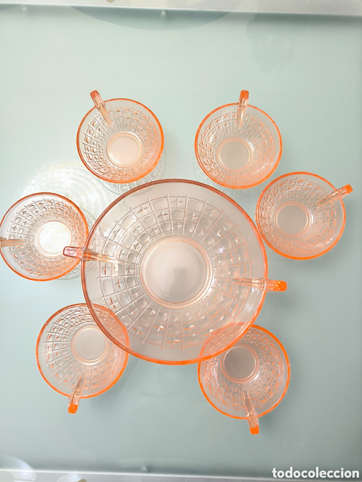 Vintage: Juego vintage de cristal rosa salm&oacute;n &ndash; Bol + 6 tazas a juego | A&ntilde;os 60/70 Precioso conjunto vintage