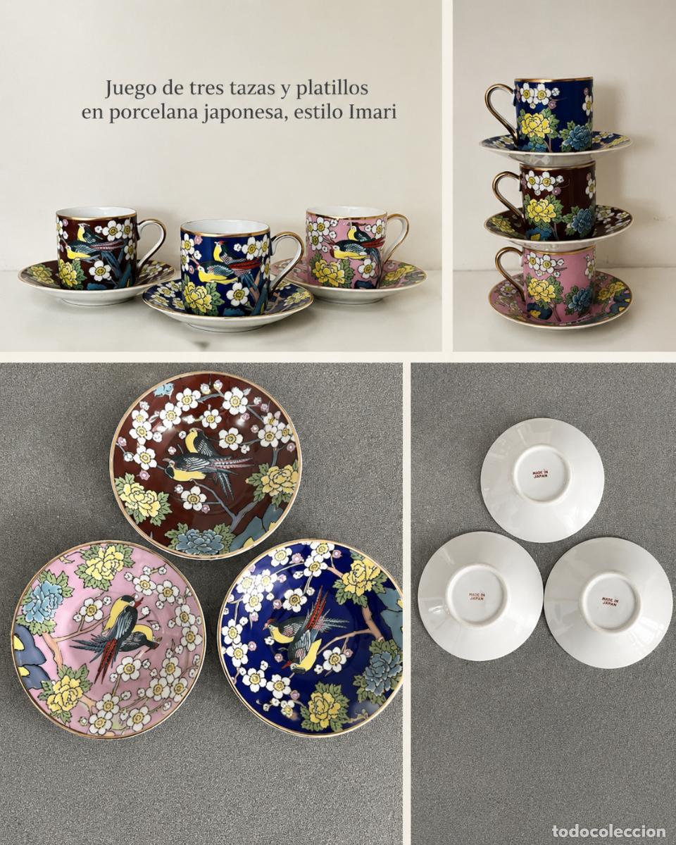 Vintage: 3 Tazas y platillos japon&eacute;s, estilo Imari.