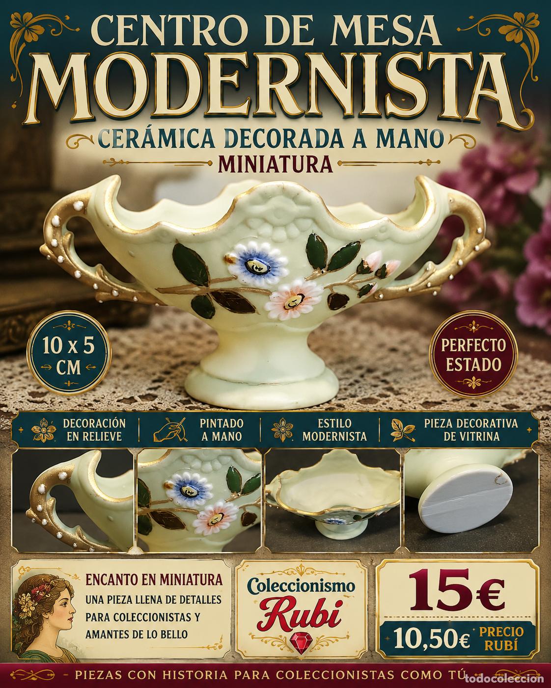 Vintage: JARDINERA MODERNISTA MINIATURA | CER&Aacute;MICA DECORADA A MANO | FLORES EN RELIEVE | 10 CM