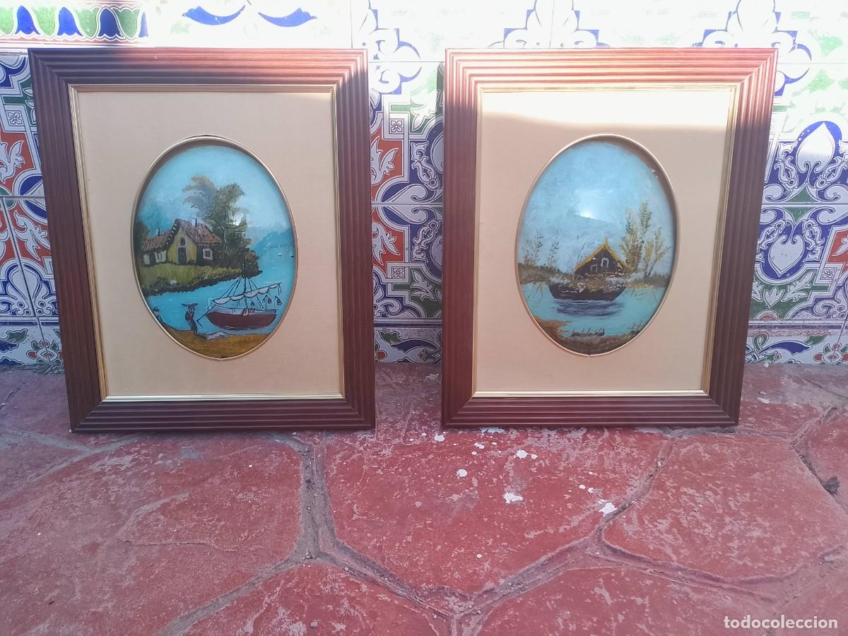 Vintage: Pareja cuadros cristal pintado a mano