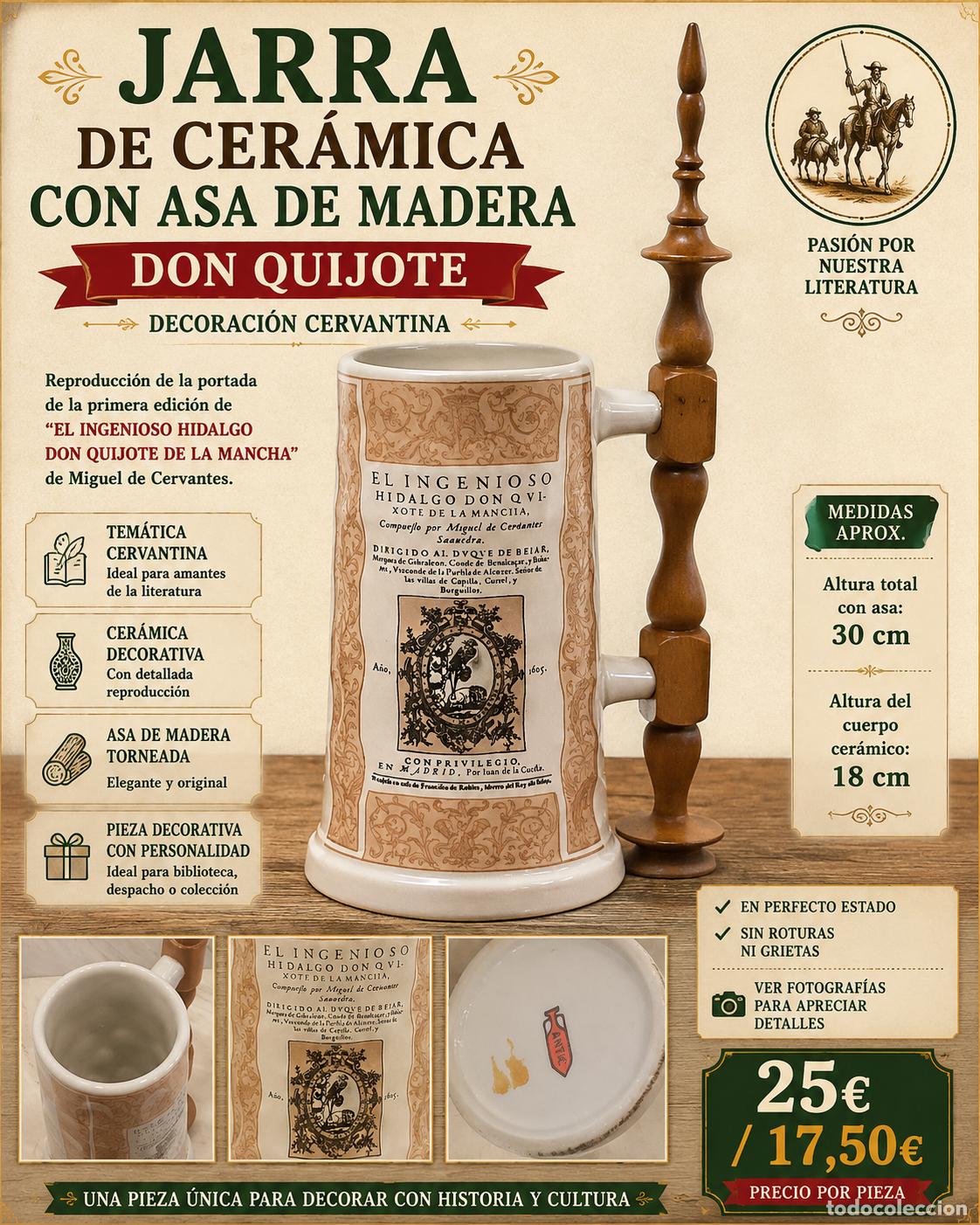 Vintage: JARRA CER&Aacute;MICA DON QUIJOTE | ASA DE MADERA TORNEADA | 30 CM | DECORACI&Oacute;N CERVANTINA