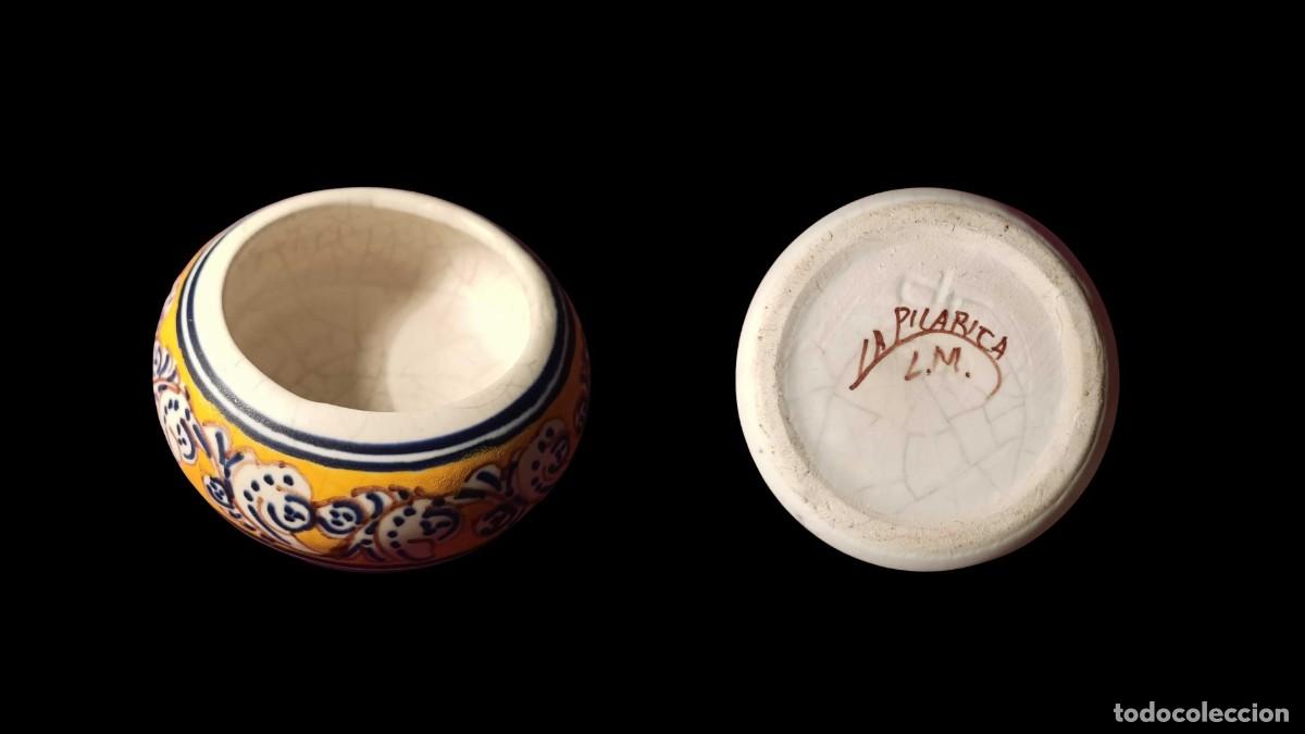 Vintage: SALERO O TARRO MINIATURA DE CERAMICA FONDO AMARILLO CON MOTIVOS AZUL COBALTO A&Ntilde;OS 60/70