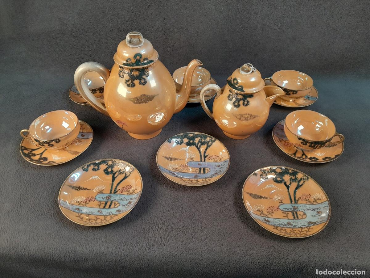 Vintage: JUEGO DE T&Eacute; JAPON&Eacute;S DE 15 PIEZAS.PORCELANA FINA.DECORACI&Oacute;N DE PAISAJISMO. MEDIADOS DEL SIGLO XX.
