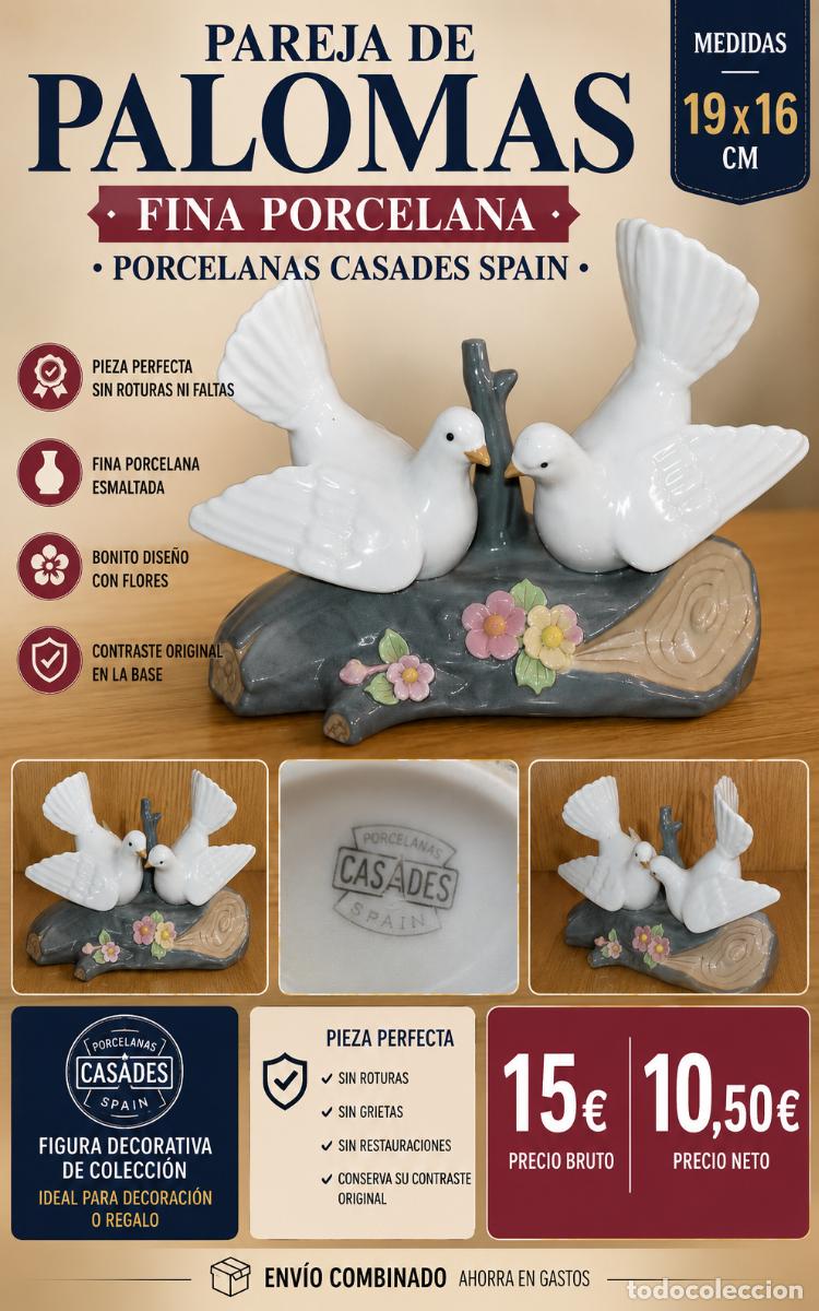 Vintage: PAREJA PALOMAS PORCELANA CASADES SPAIN | 19X16 CM | FIGURA DECORATIVA