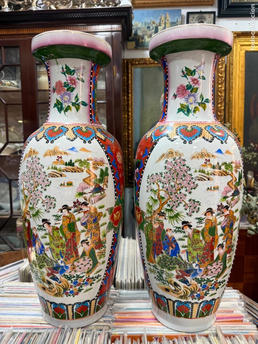Vintage: PAREJA DE JARRONES CERAMICA ORIENTAL - MEDIDA 60 CM