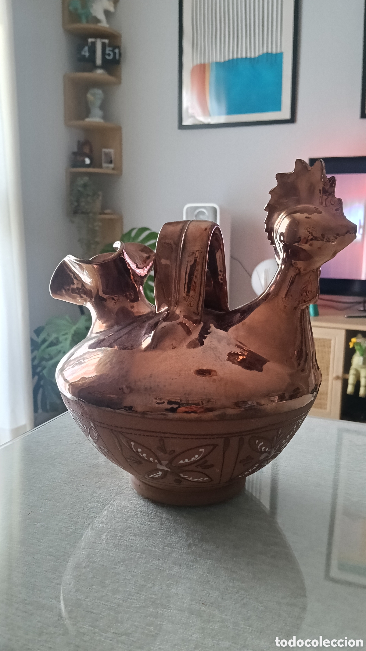 Vintage: Botijo B&uacute;caro Antiguo Gallina Esmalte Cobrizo