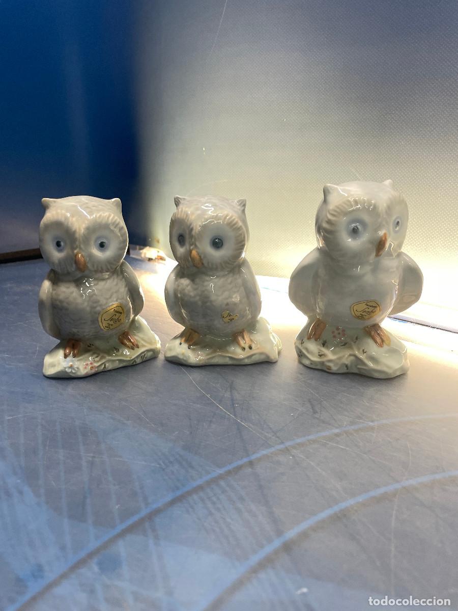 Vintage: 3 figuras porcelana, sambo buhos 13 cm altura