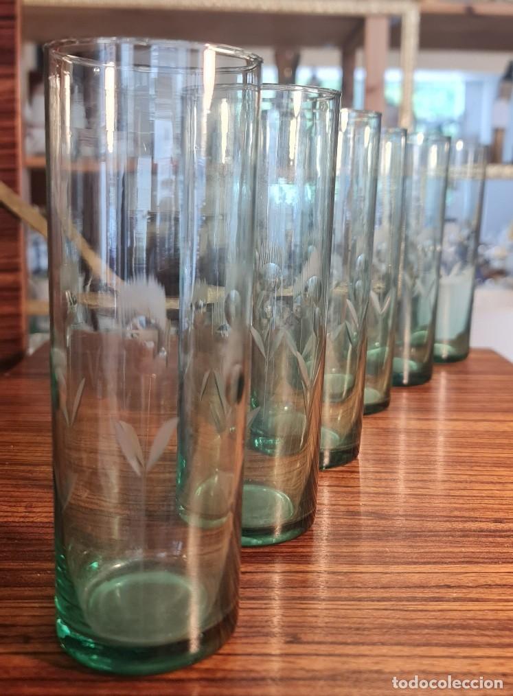 Vintage: Juego de 6 vasos altos de vidrio verde con grabado bot&aacute;nico estilo Art D&eacute;co escandinavo