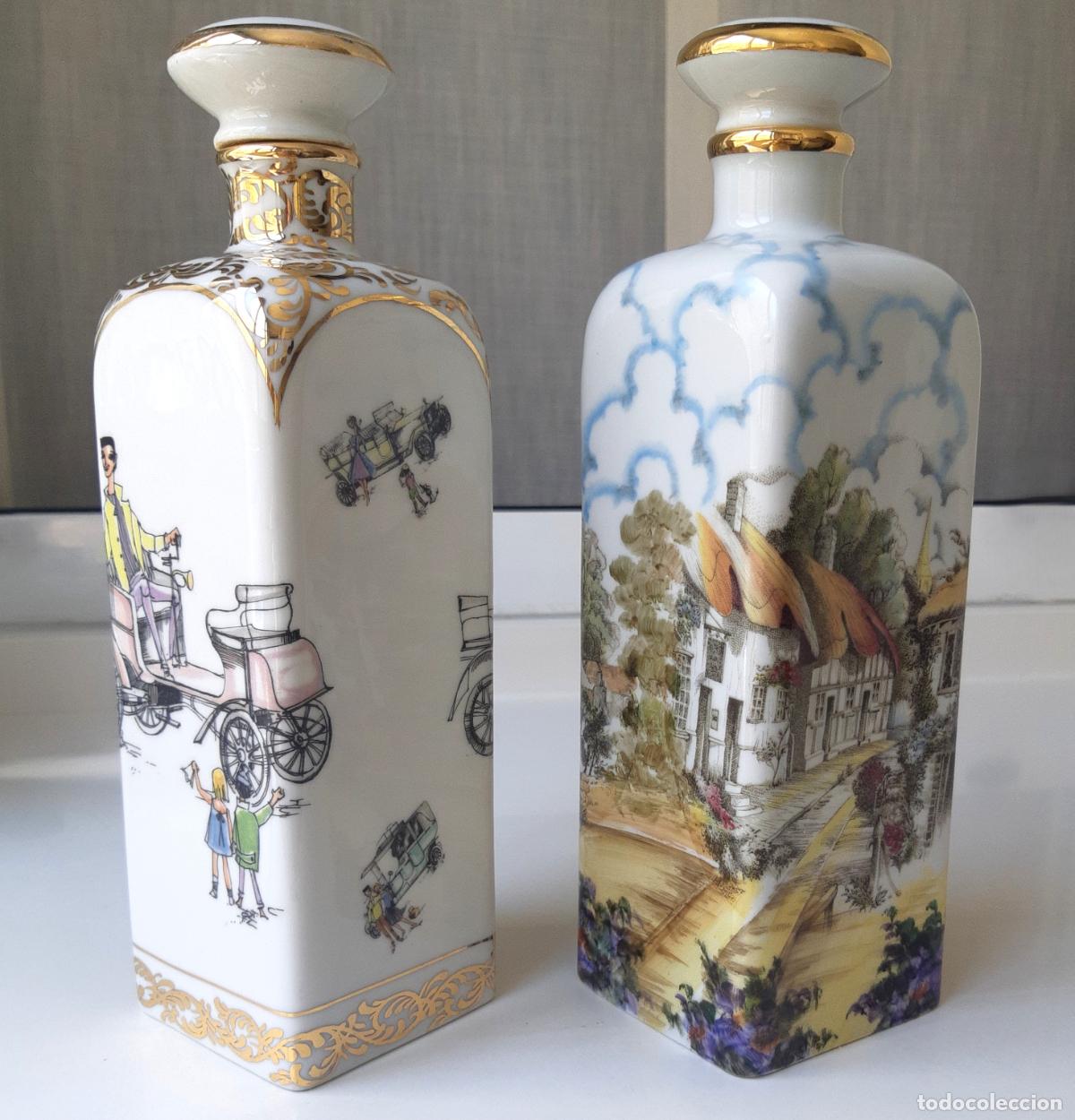 Vintage: 2 ANTIGUAS BOTELLAS O LICORERAS DE PORCELANA DE MANISES PINTADAS Y DORADAS A MANO, 1950-1960