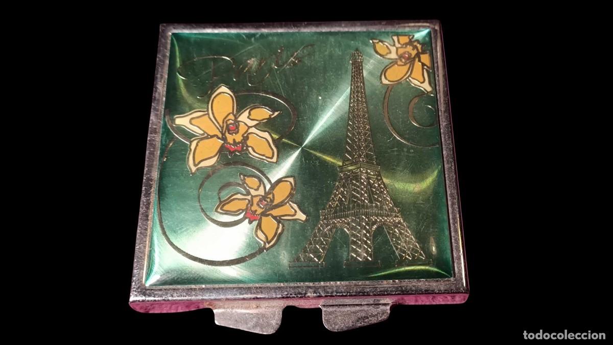 Vintage: ESPEJO DE BOLSO DOBLE EN METAL ESMALTADO - MOTIVO TORRE EIFFEL Y ORQU&Iacute;DEAS - &rdquo;PARIS&rdquo; A&Ntilde;OS 80-90