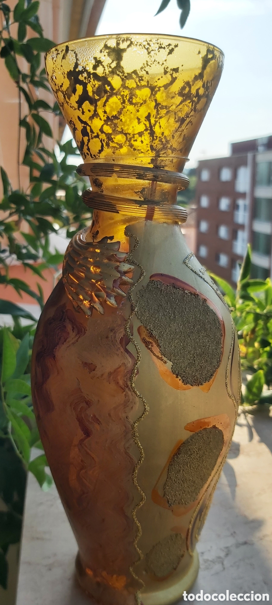 Vintage: Jarr&oacute;n 26cm Italiano Vintage de Cristal &Aacute;mbar Soplado Firmado &rdquo;Damiani&rdquo;