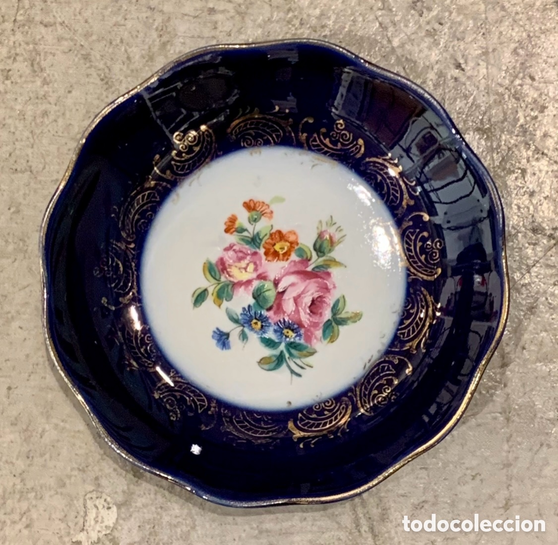 Vintage: Platito. Porcelana LIMOGES. Azul cobalto y oro. Made in France. Mid Century.