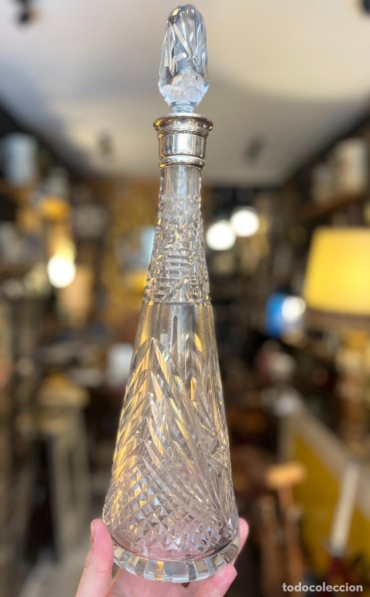 Vintage: Gran Licorera Cristal Tallado con Cerco de Plata 43 cm Tap&oacute;n Original A&ntilde;os 60