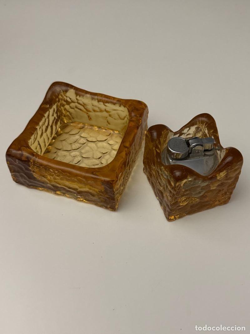 Vintage: Mechero y cenicero vintage de cristal de Murano color &aacute;mbar | Pieza italiana de colecci&oacute;n