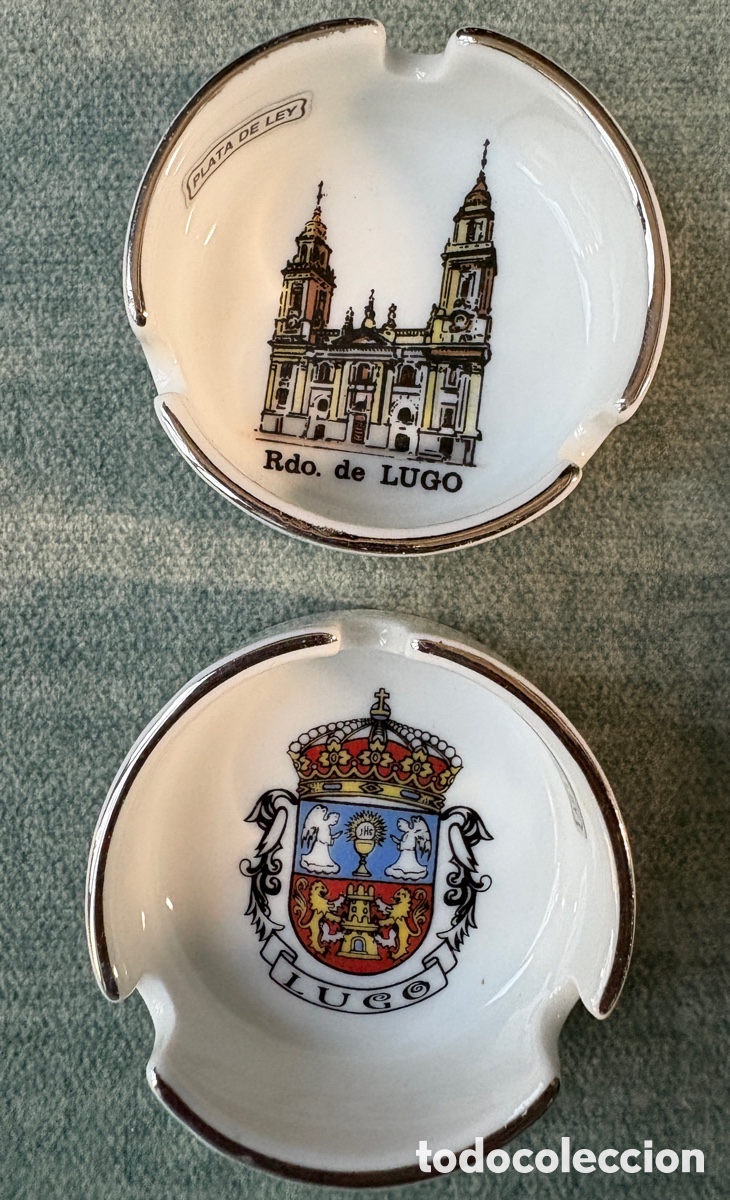 Vintage: (L831) Pareja Ceniceros Vintage Lugo - Catedral y Escudo - Porcelanas Elyca - Filo Plata de Ley