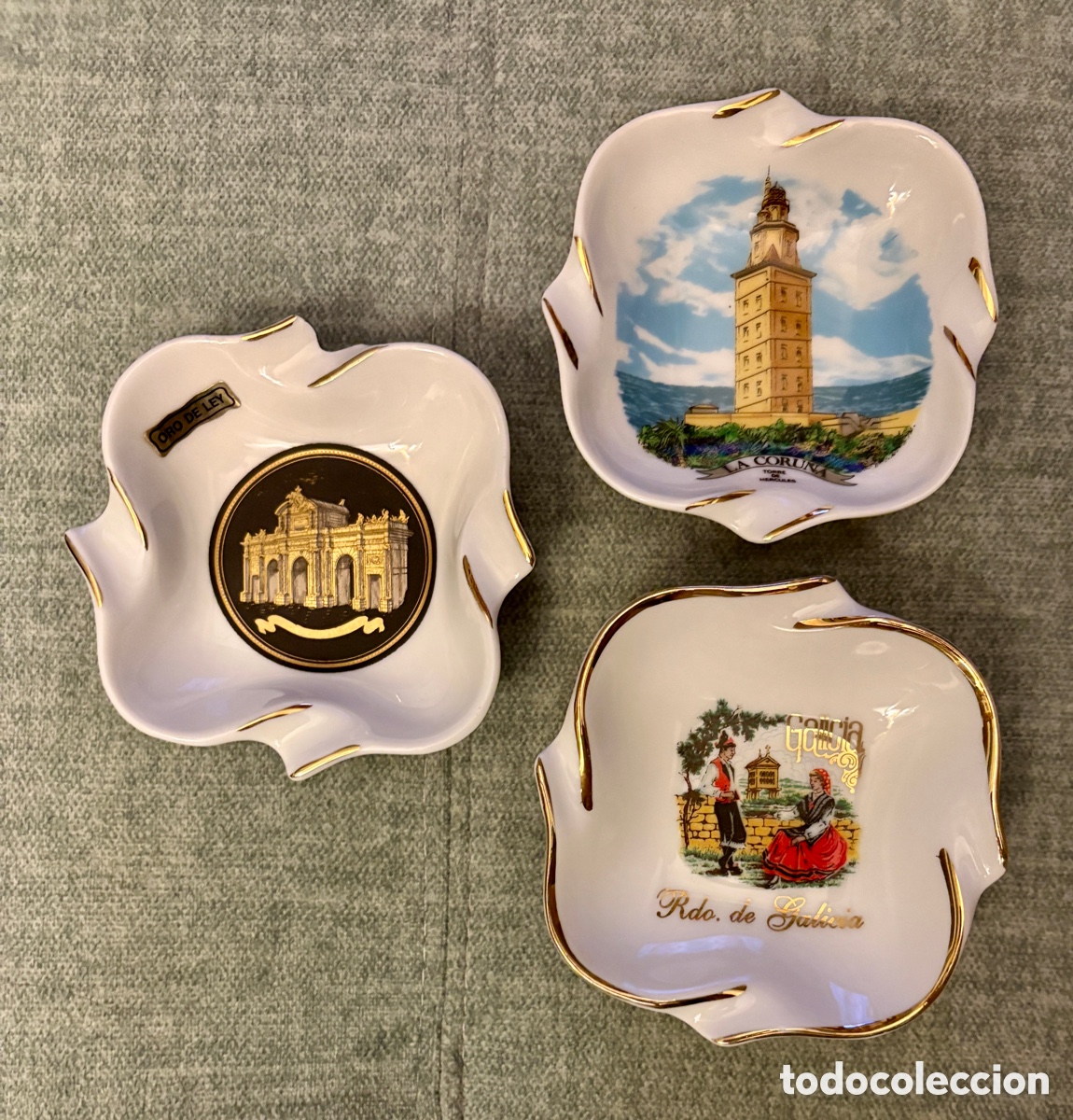 Vintage: (L832) 3 Ceniceros / Platillos de Porcelana Vintage &ndash; Souvenirs Galicia y Madrid con Filo de Oro