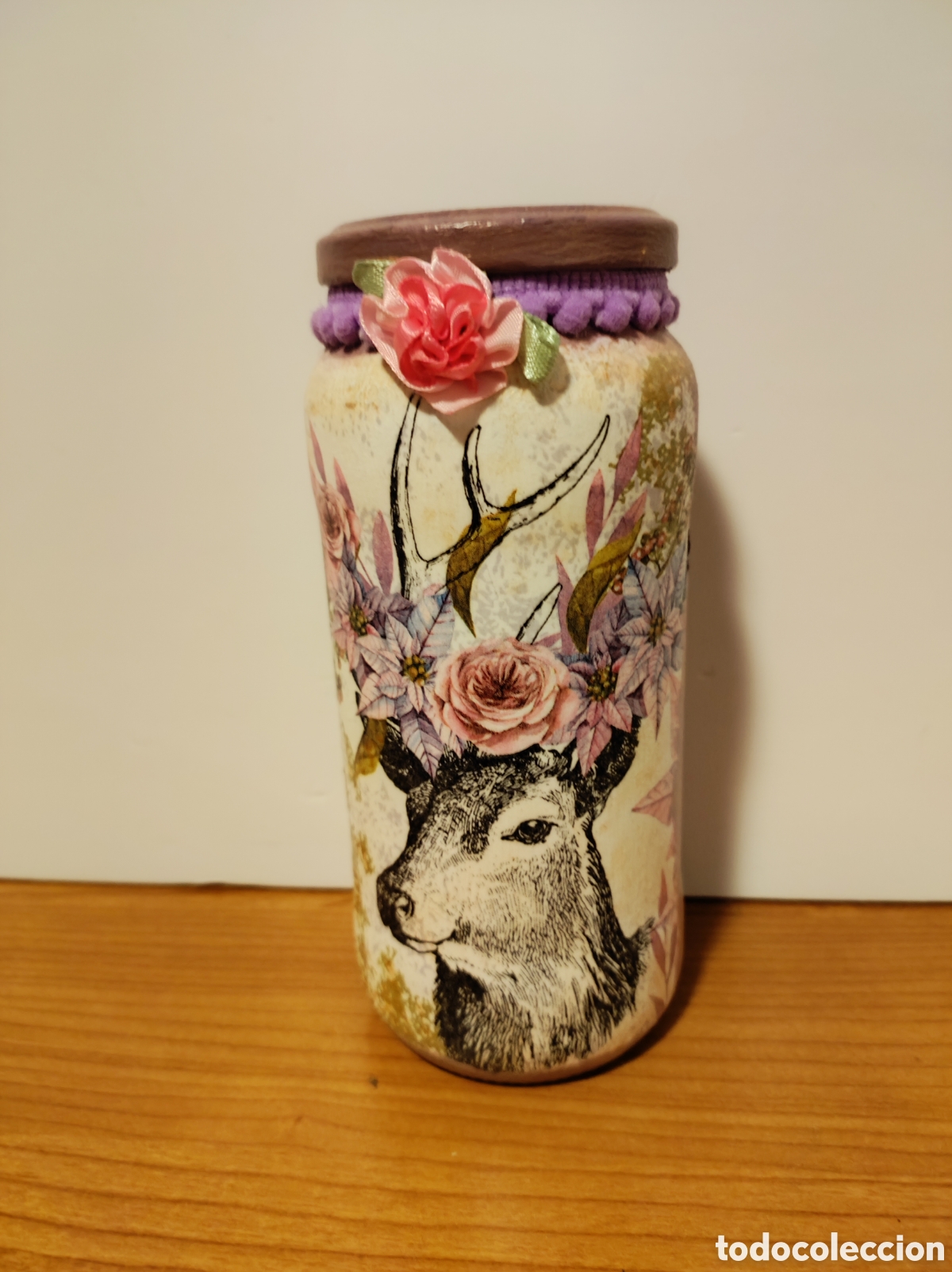 Vintage: Tarro de Cristal Decorado Artesanal &ndash; Estilo Boho / Decoupage Ciervo