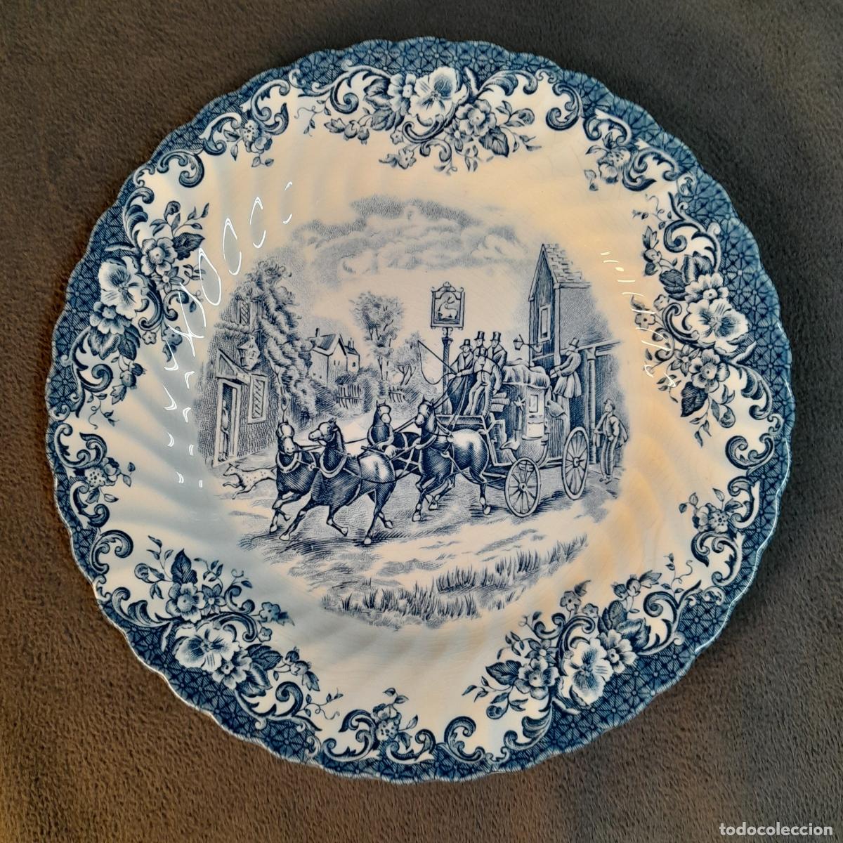 Vintage: PLATO DE CER&Aacute;MICA SERIE COACHING SCENES CON LOZA EN AZUL.JOHNSON BROTHERS.SEGUNDA.M S.XX