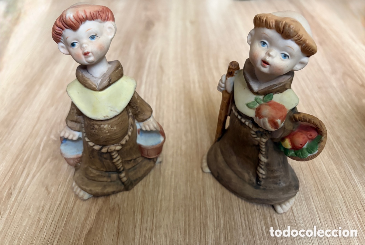 Vintage: (L835) Pareja figuras porcelana frailes franciscanos ni&ntilde;os vintage.