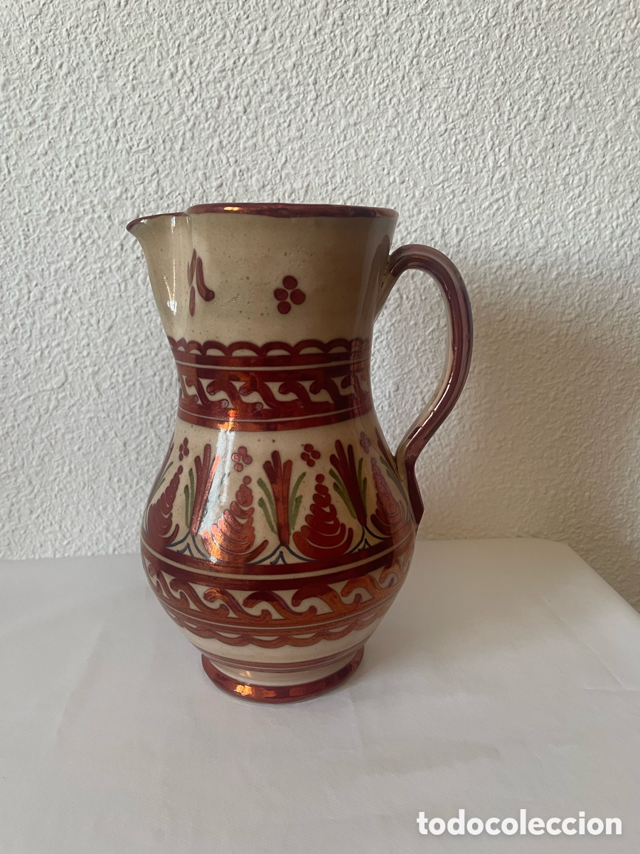 Vintage: Jarra cer&aacute;mica artesana reflejo met&aacute;lico firmada Sanguino OR-Platinium Castell&oacute;n 25,5 cm