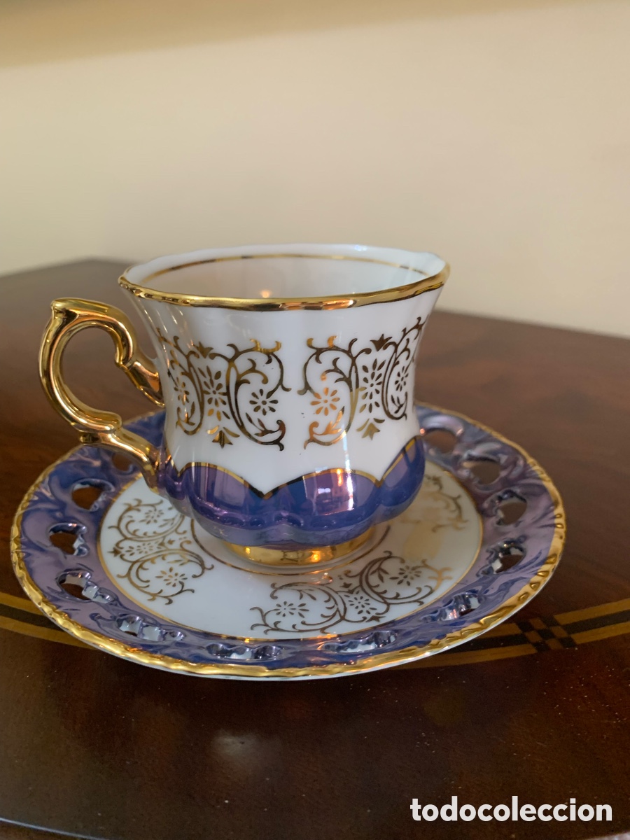 Vintage: Taza de porcelana japonesa con plato calado azul cobalto y dorados