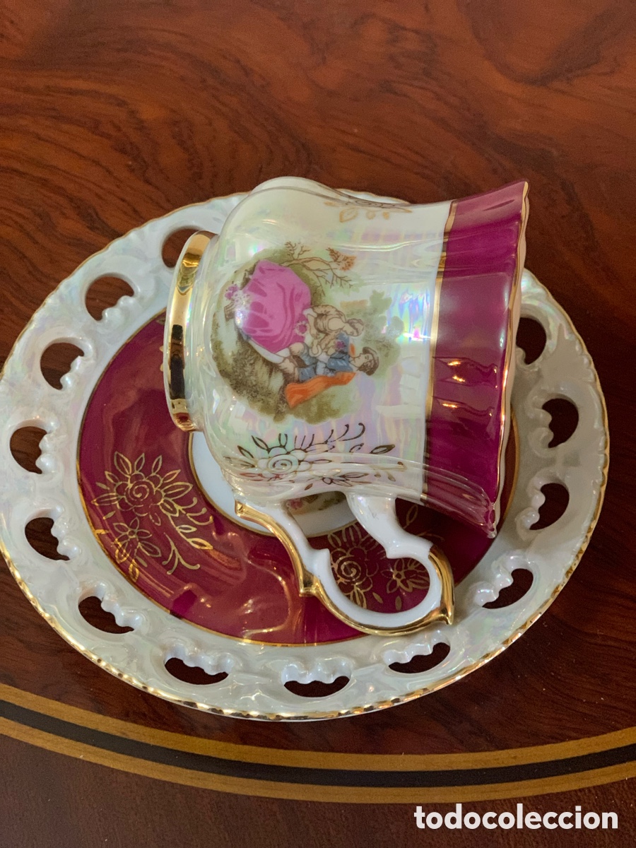 Vintage: Taza vintage japonesa de porcelana nacarada con plato calado granate y dorados