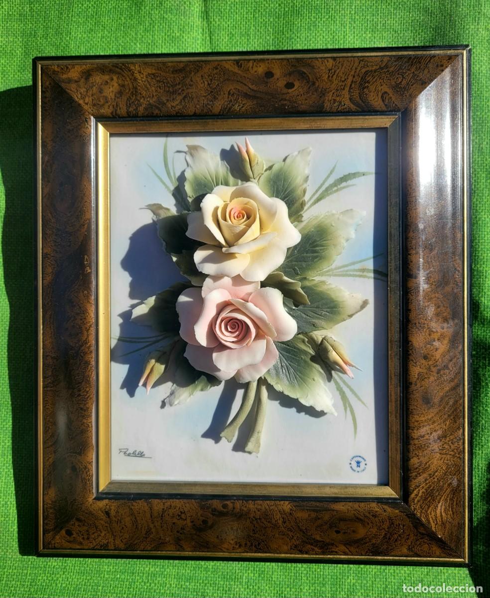 Vintage: Arte mural decorativo.Capodimonte, Paolillo, rosas en relieve, en porcelana