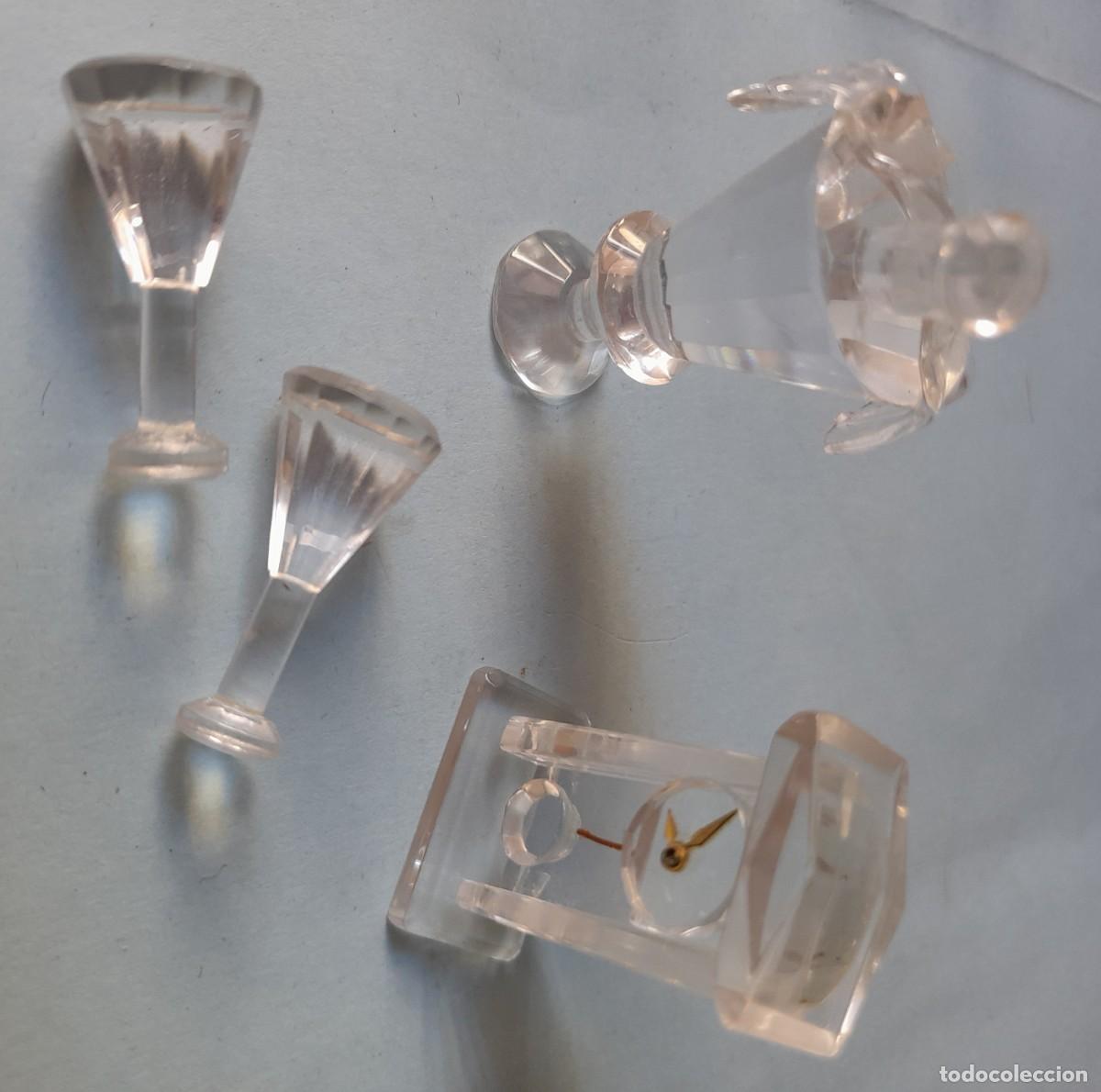 Vintage: Lote 4 Miniaturas cristal , Jarron, 2 copas y reloj mesa