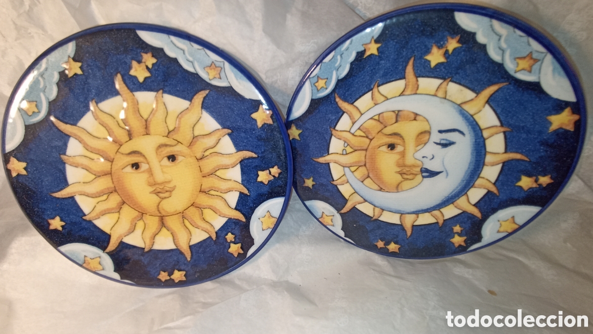 Vintage: Pareja de Platos Decorativos Cer&aacute;micos - Sol y Luna (18 cm)