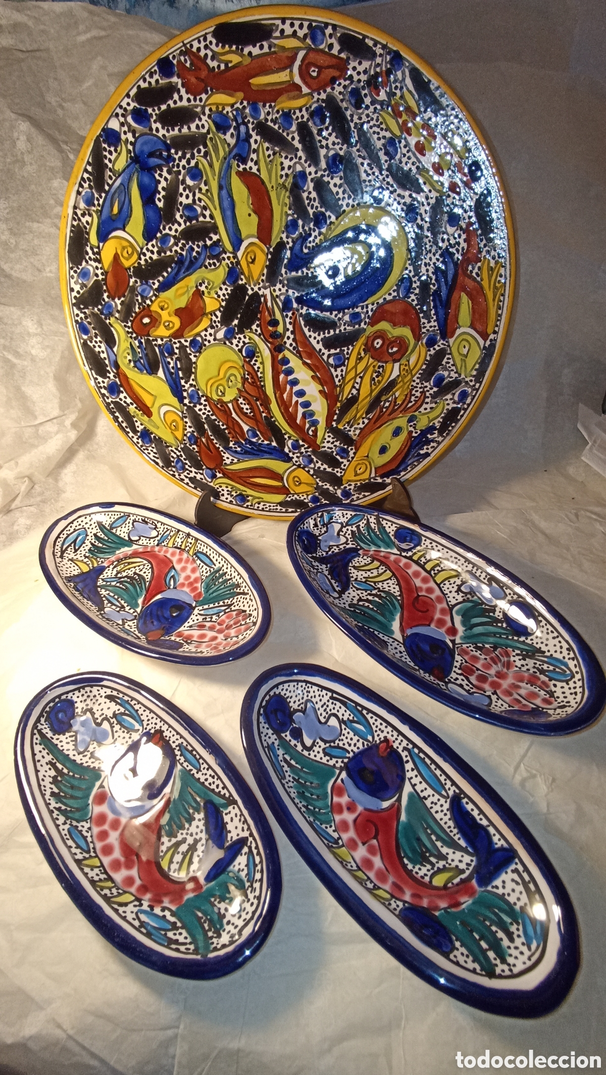 Vintage: Precioso Conjunto de Cer&aacute;mica Art&iacute;stica de Alcora - Tem&aacute;tica Marina (5 Piezas)