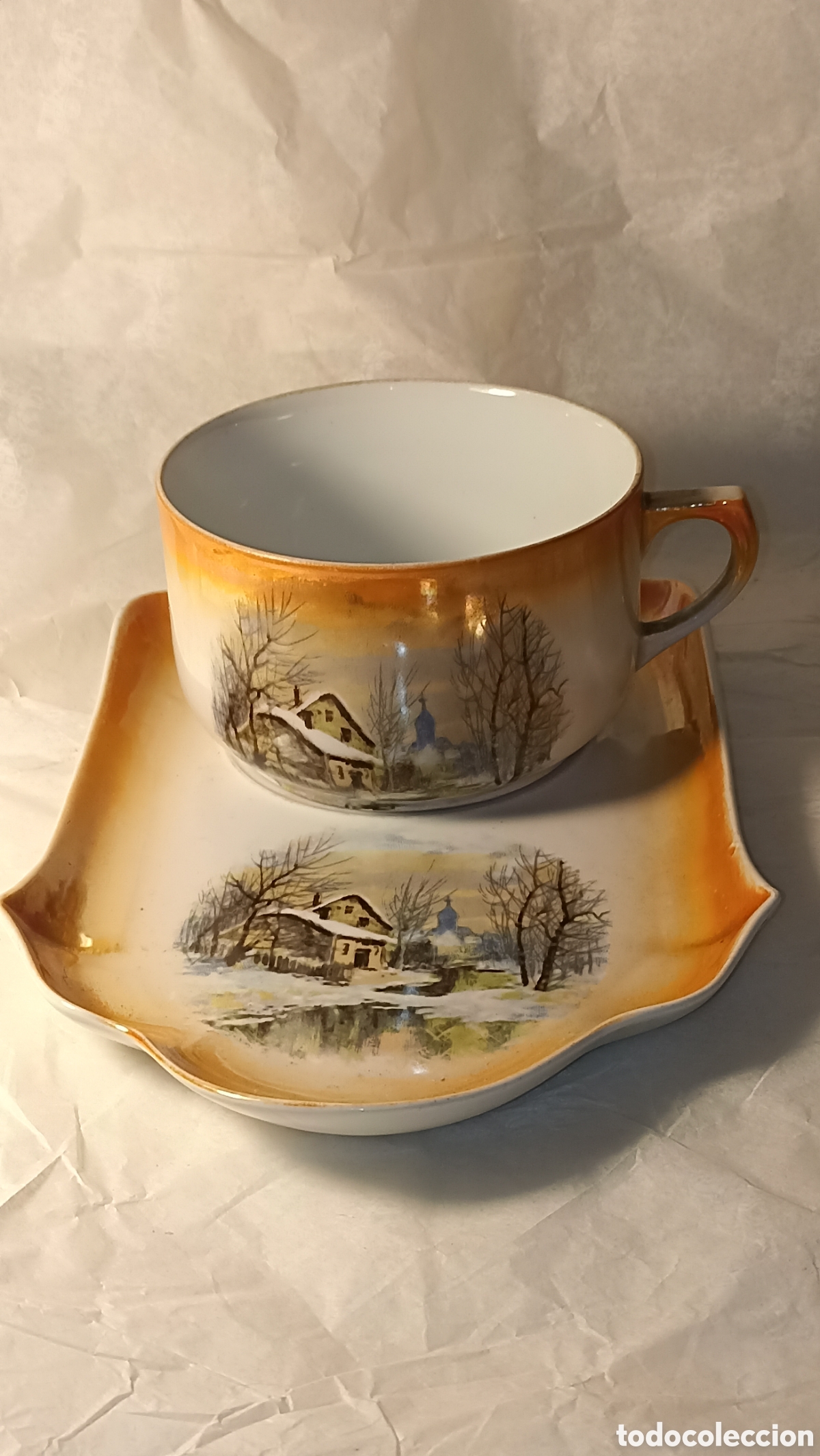 Vintage: Antiguo Juego de Desayuno / Consom&eacute; - Taza Grande y Plato Bandeja - Escena Invernal Vintage