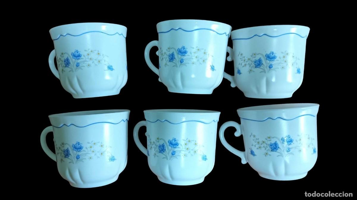 Vintage: LOTE 6 TAZAS CAF&Eacute; ARCOPAL &rdquo;ROMANTIQUE&rdquo; &middot; VIDRIO OPALINO &middot; FLORAL AZUL &middot; FRANCE &middot; A&Ntilde;OS 70/80