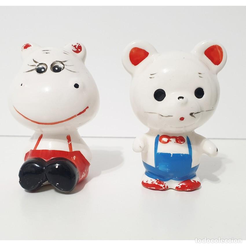 Vintage: Antigua PAREJA DE FIGURITAS Animales Cer&aacute;mica Esmaltada. Hipop&oacute;tamo y Oso Vintage A&ntilde;os 70-80