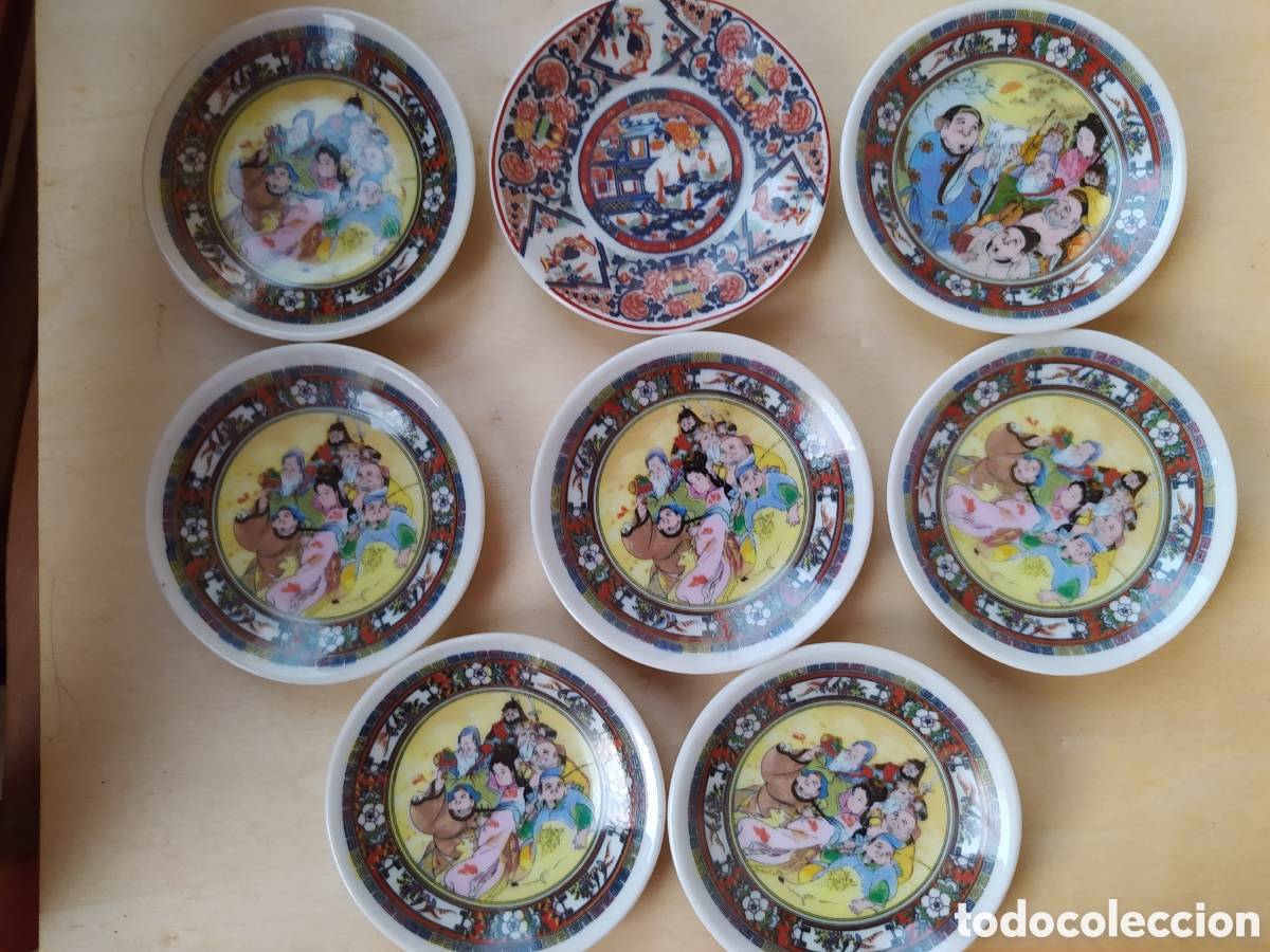 Vintage: Lote 8 platillos japoneses antiguos pintados a mano | Cer&aacute;mica tradicional 8 cm