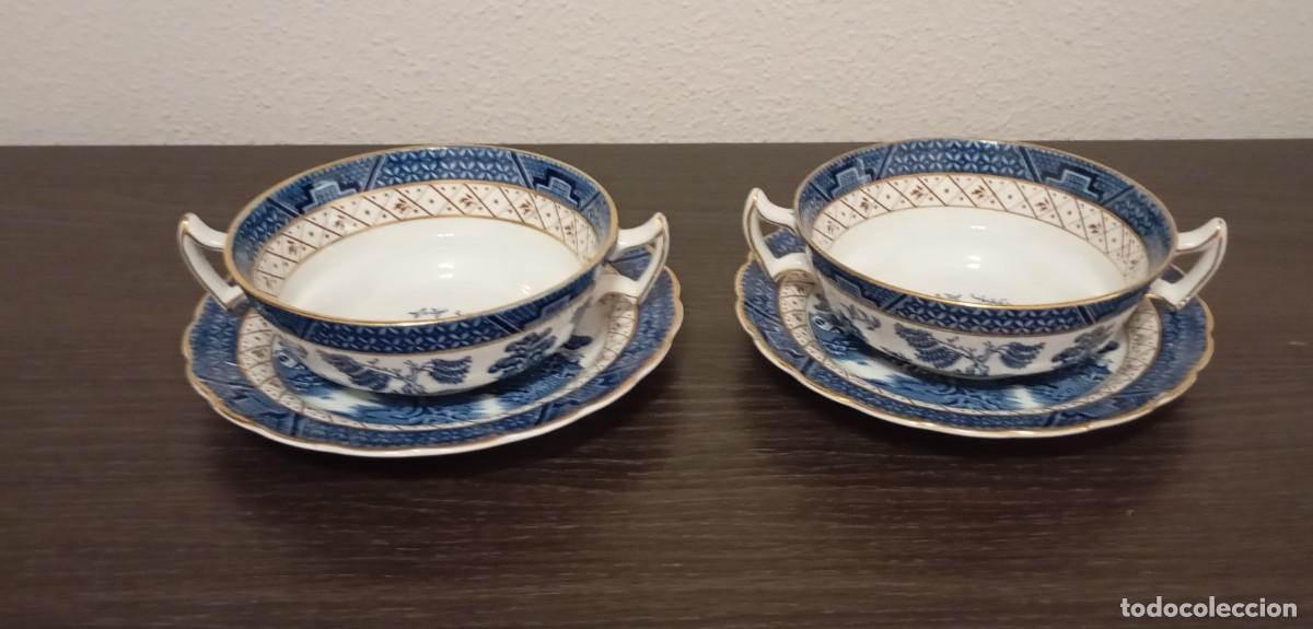 Vintage: BONITO JUEGO DE 2 TAZAS+2 PLATOS,DE CER&Aacute;MICA AZUL,BOOTHS,DE LA COLECCI&Oacute;N REAL OLD WILLOW,VINTAGE