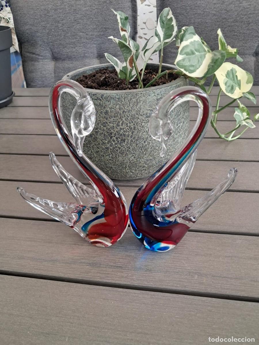 Vintage: Pareja de Cisnes de Cristal de Murano. Italia, 1994. Con etiqueta original.