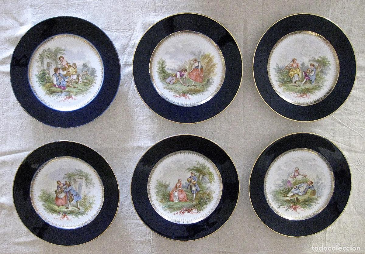Vintage: JUEGO DE 6 PLATOS DE SERVICIO * BLUE DE SEVRES * FF. S. XIX * 25,5 CM * ESCENAS CORTESANAS